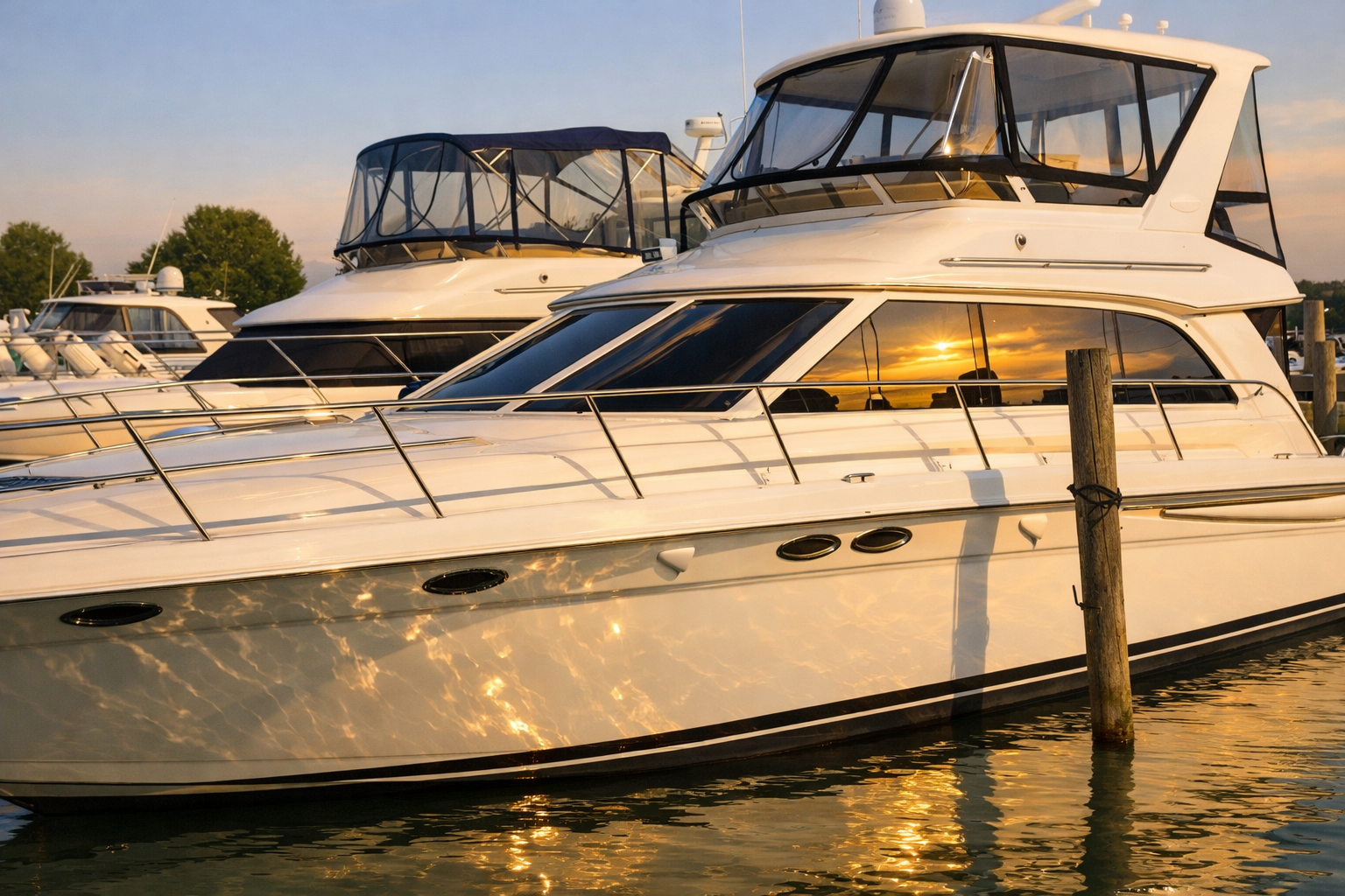 Luxury yacht with precision-tinted cabin windows on calm coastal water