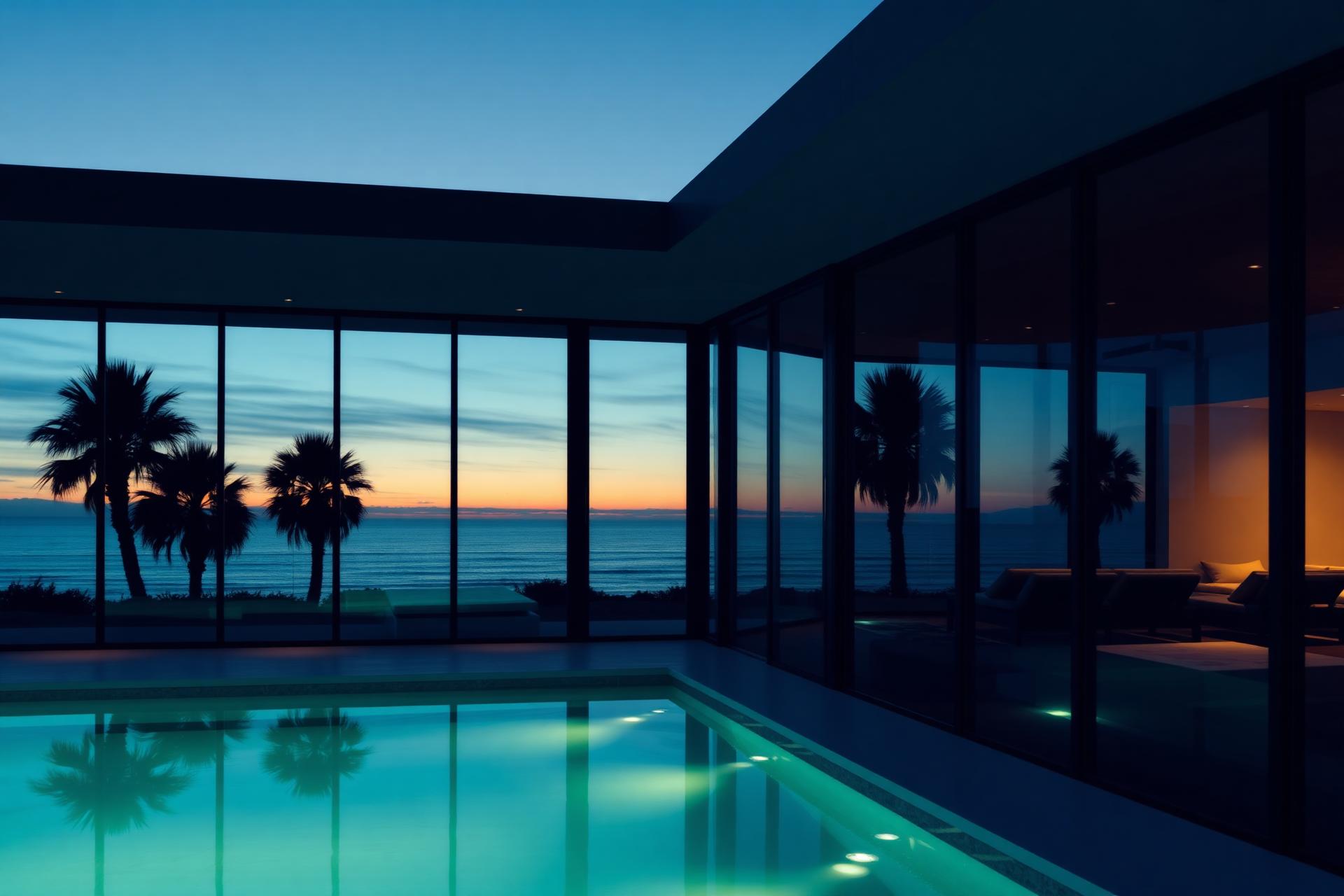 Coastal home with premium tinted windows at dusk